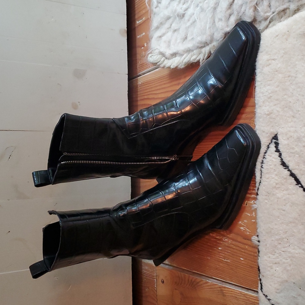 Zara Black Croc-Embossed Square-Toe Ankle Boots